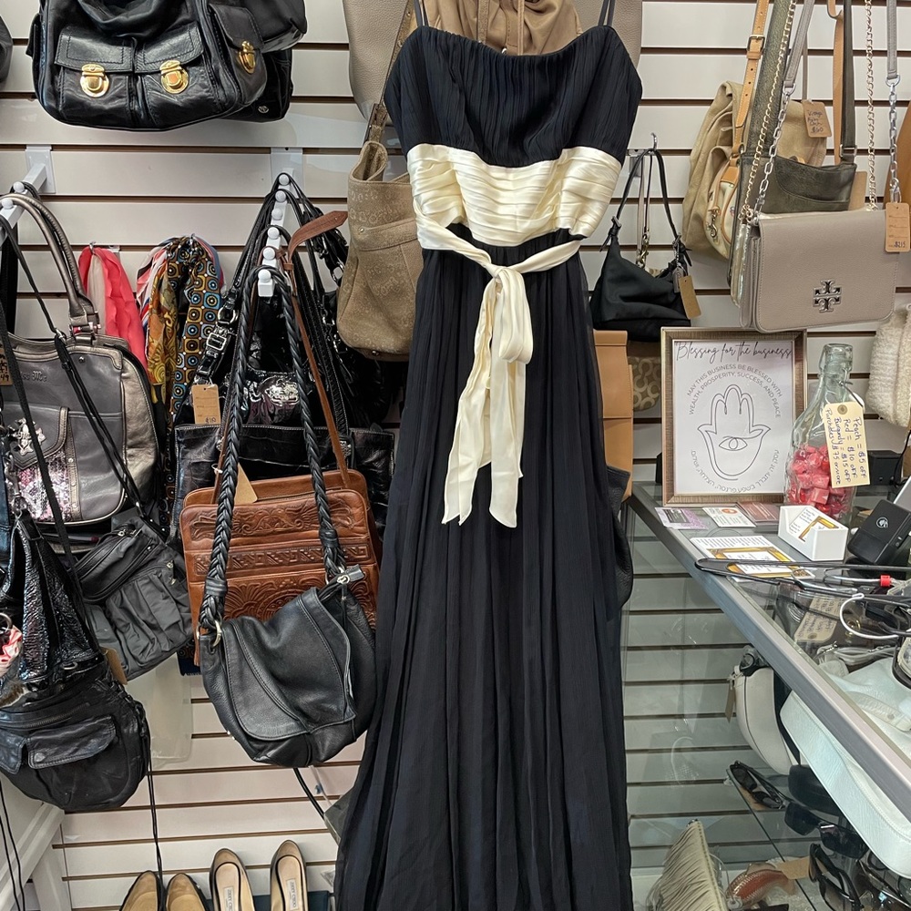 NWT BCBG Silk chiffon black & cream strapless gown size 10